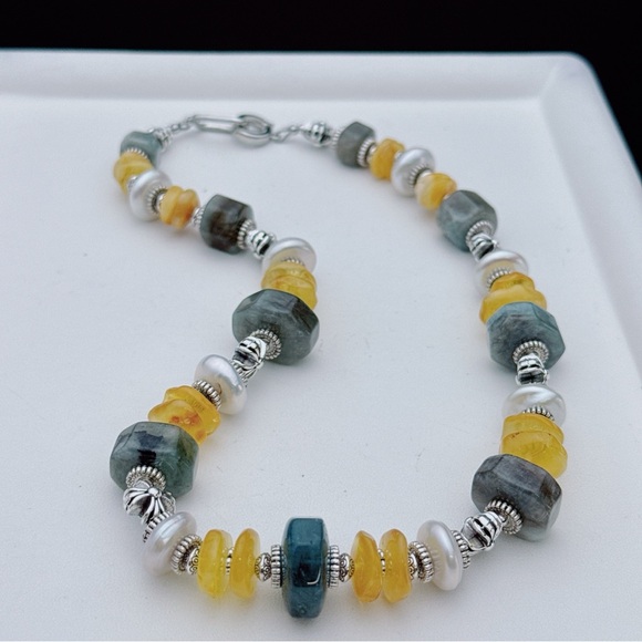 X798 Handmade Coin Shape Freshwater Baroque Pearl Agate Amber Necklace - Picture 9 of 11